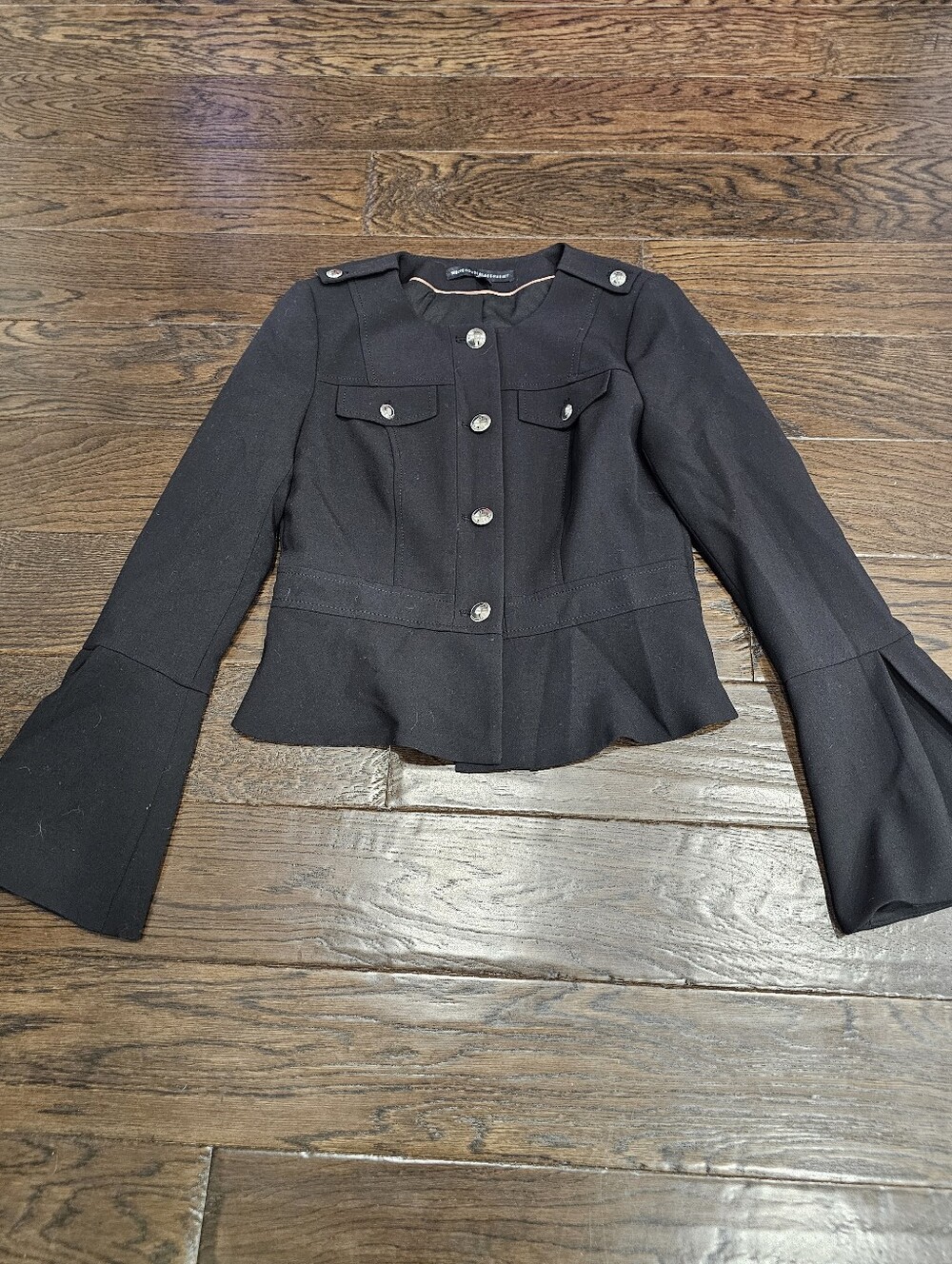 White House Black Market Bell Sleeve Top, Black, Silver Buttons, Size 0,